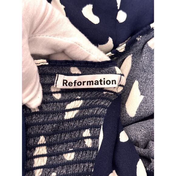 Reformation Sigmund Dress 12 Womens Blue Print Smocked Side Slit Midi - Picture 9 of 10